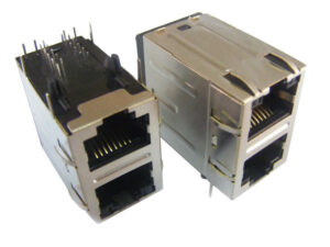 Dual RJ45 Modular Jack with LED/Transformer (Right PCB Mount)